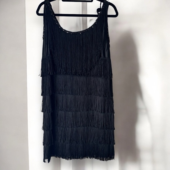 California Costume Black Fringe Flapper Dress Sequin Trim, 1920s Gatsby Style  L - Picture 1 of 12